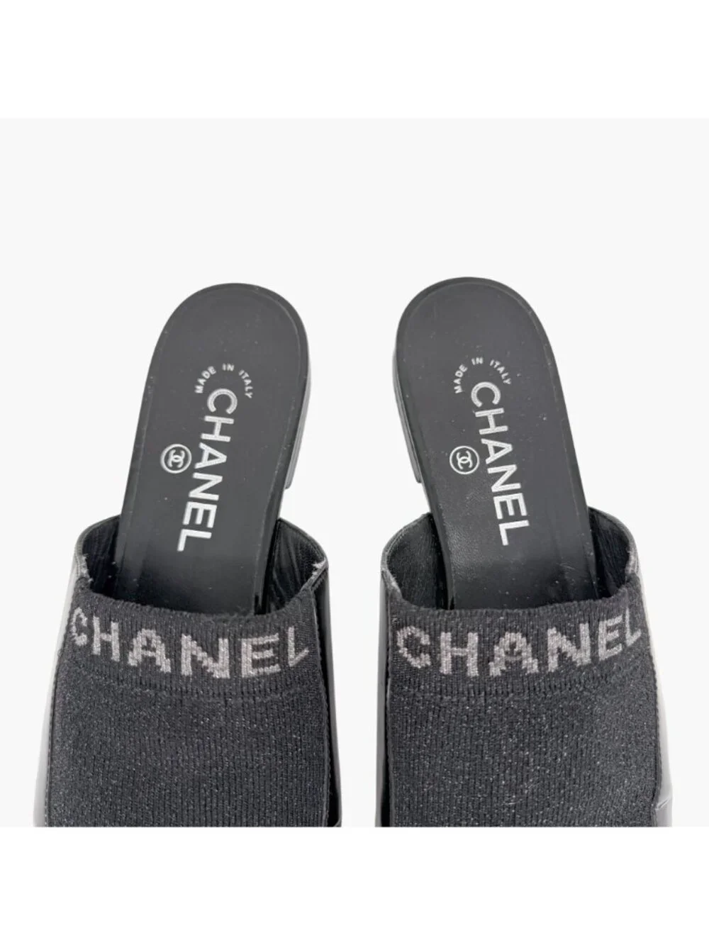 Chanel Logo Glitter Lurex Black Patent Leather Mule Flats Size 39 C US 8-8.5